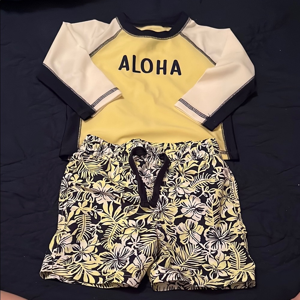 Aloha Toddler Boy Swim Set - Neon Yellow and Black Florals